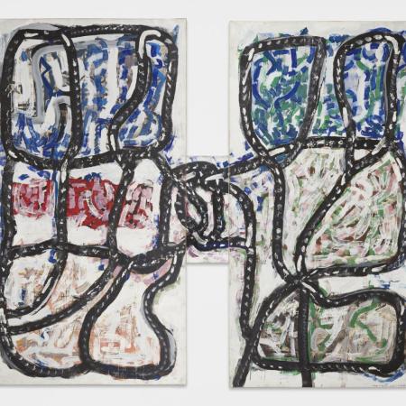 Jean Paul Riopelle, Serge et Gauguin jouent à la ficelle, 1971. Acrylique sur lithographies marouflées sur toile. 289 x 355 cm. Collection Premier Tech. © Succession Jean Paul Riopelle / CARCC 2023